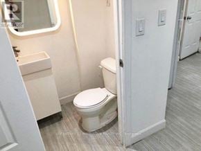 Toronto (Oakridge) apartment for rent - A white toilet in a bathroom with a sink and mirror.