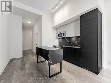 Toronto (South Parkdale) condo for rent - A modern kitchen with black cabinets and a black table.