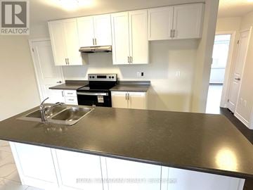 Barrie multi-family for rent - A kitchen with a stove top oven and a sink.