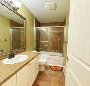 Surrey apartment for rent - A bathroom with a sink, toilet, and shower.