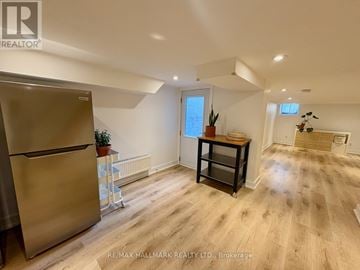 Toronto (Trinity-Bellwoods) townhouse for rent - A kitchen with a refrigerator, a table with a plant on it, and a window.