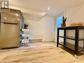 Toronto (Trinity-Bellwoods) townhouse for rent - A kitchen with a refrigerator, a table with a plant and a basket on it, and a radiator on the floor.
