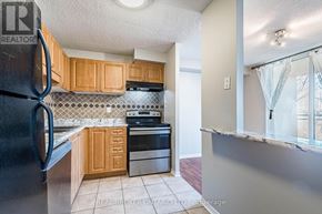 Mississauga (Meadowvale) condo for rent - A kitchen with a black fridge, wooden cabinets, and a stove top oven.