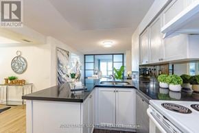 Toronto (Willowdale East) condo for rent - A modern kitchen with a black countertop and white cabinets.