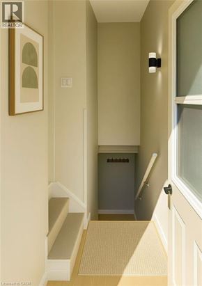 Hamilton apartment for rent - A hallway with a bench and a door.