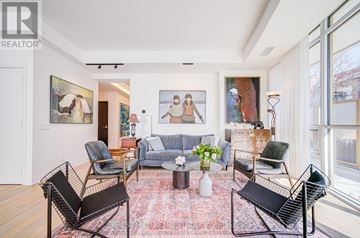 Toronto (Annex) condo for rent - A living room with a rug and a painting on the wall.