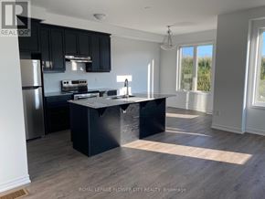 Kitchener townhouse for rent - A kitchen with black cabinets and a black island.