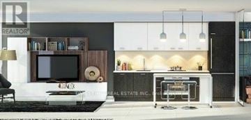 Toronto (Flemingdon Park) condo for rent - A modern living room with a television and a bar area.