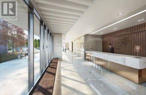 Toronto (Flemingdon Park) condo for rent - A modern office lobby with a marble reception desk and a long wooden bench.