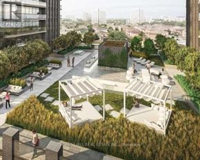 Toronto (Flemingdon Park) condo for rent - A rendering of a park with people walking and sitting on benches.