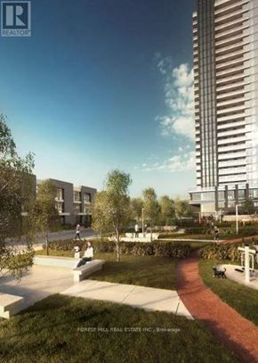 Toronto (Flemingdon Park) condo for rent - A modern residential area with a tall building on the right and a park in the foreground.