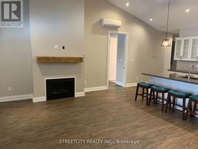 Southwest Middlesex (Wardsville) fourplex for rent - A living room with a fireplace and bar stools.