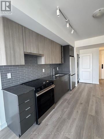 Burlington (Brant) condo for rent - A modern kitchen with a black stove top oven and a grey dishwasher.