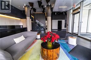 Kitchener condo for rent - A grey couch with a pillow and a flower pot on a wooden table.