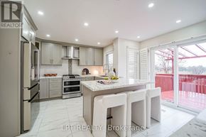 Markham (Middlefield) apartment for rent - A modern kitchen with white cabinets and a large island.