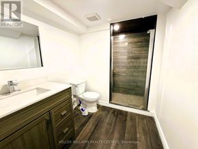 Barrie (Little Lake) apartment for rent - A bathroom with a toilet, sink, and a glass shower door.