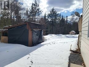 Huntsville (Chaffey) apartment for rent - A shed covered in a black tarp sits in a snowy backyard.