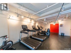 Vancouver apartment for rent - A gym with treadmills, exercise bikes, and a red door.