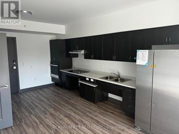 Strathroy-Caradoc (Mount Brydges) townhouse for rent - A kitchen with black cabinets and a stainless steel refrigerator.