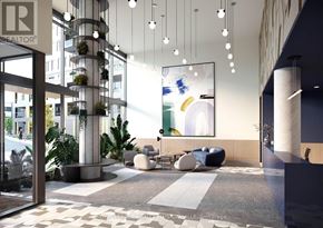 Burlington (Alton) condo for rent - A modern office lobby with a reception desk and a large abstract painting on the wall.