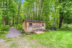 Champlain apartment for rent - A small wooden building with a black roof is surrounded by greenery.