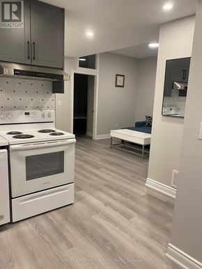 Fort Erie (Central) apartment for rent - A kitchen with a white stove and grey cabinets.