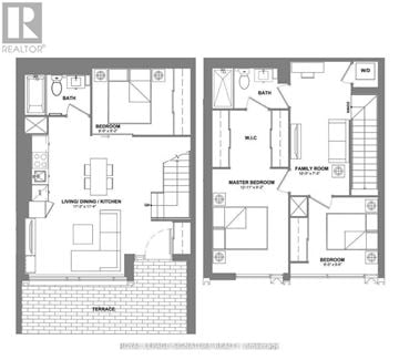 Mississauga (City Centre) townhouse for rent - A floor plan of a house with two bedrooms, a living area, a kitchen, and bathrooms.