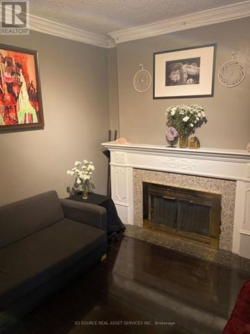 Toronto (Dufferin Grove) apartment for rent - A grey couch sits in front of a fireplace in a living room.