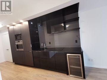 Toronto (Bay Street Corridor) condo for rent - A modern kitchen with dark brown cabinets and a wooden floor.