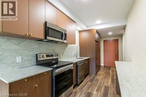 Waterloo condo for rent - A kitchen with wooden cabinets and a marble countertop.