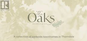 Thames Centre (Thorndale) townhouse for rent - A realtor logo with the words "The Oaks" and "on Upper Queen" on a leafy background.