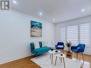 Mississauga (East Credit) townhouse for rent - A living room with a blue sofa and a painting on the wall.