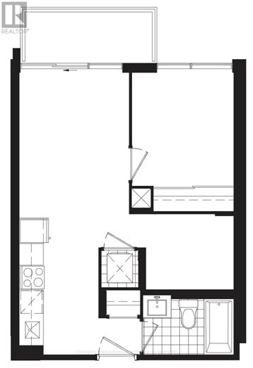 Hamilton (Corktown) condo for rent - A black and white floor plan of a house with a kitchen, living room, and bathroom.