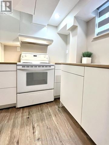 Burlington (Appleby) apartment for rent - A white stove and oven in a kitchen with wooden flooring.