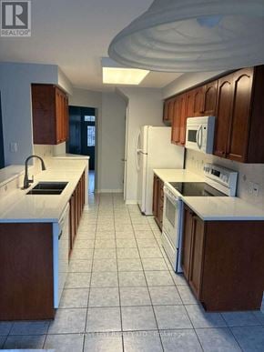 Ottawa townhouse for rent - A kitchen with white appliances and brown cabinets.