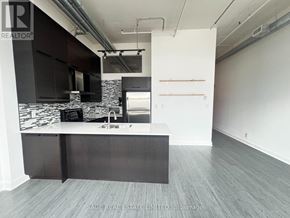 Toronto (Niagara) condo for rent - A modern kitchen with a black and white marble backsplash and dark wood flooring.