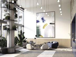Burlington (Alton) condo for rent - A modern interior space with a large abstract painting on the wall.