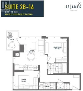 Hamilton (Corktown) condo for rent - A floor plan for a suite at 75 James shows a 2 bedroom, 1.5 bath apartment with a balcony.