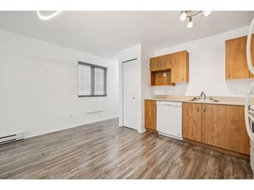 Gatineau (Hull) condo for rent - A kitchen with wooden cabinets and a white dishwasher.