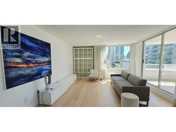 Vancouver apartment for rent - A living room with a large painting on the wall and a couch.