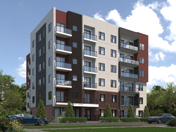 Edmonton apartment for rent - A modern apartment building with balconies and cars parked in front.