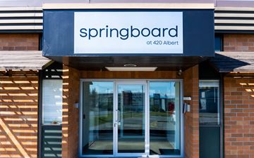 Nanaimo apartment for rent - The entrance to a building with a sign that says "springboard at 420 Albert".