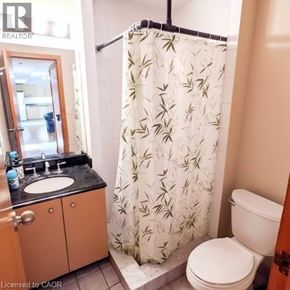 Waterloo condo for rent - A bathroom with a white toilet, sink, and shower curtain.