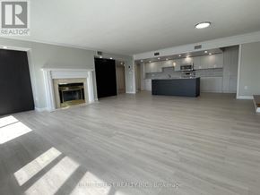 London North (North G) condo for rent - A spacious living room with a fireplace and a kitchen area in the background.