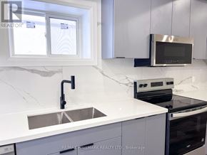 Richmond Hill (Mill Pond) apartment for rent - A modern kitchen with a sink, stove, and microwave.