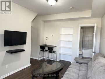 Niagara Falls (Downtown) duplex for rent - A living room with a grey couch and a black television mounted on the wall.