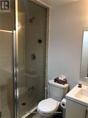 Oakville (Co Central) condo for rent - A bathroom with a toilet, sink, and shower.