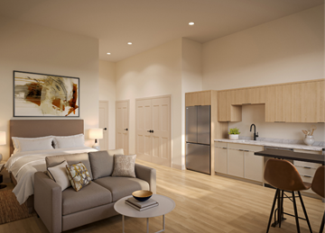 Lowell apartment for rent - A modern living room with a grey couch, a coffee table, and a large painting on the wall.