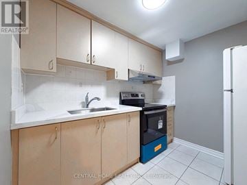 Markham (Middlefield) apartment for rent - A kitchen with wooden cabinets and a blue dishwasher.