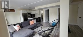 Kitchener triplex for rent - A living room with a grey couch and a black chair.